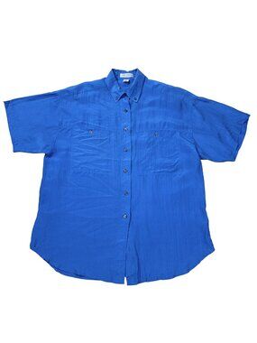 Vintage Express Men's Blue 100% Silk Button Front Short Sleeve Shirt Top Size S